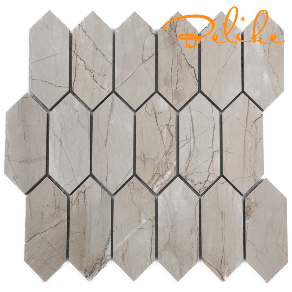 Fullbody Porcelain Mosaic Tile Elongated Hexagon Light Gray Satin Matt Grain Textures Home Decor White Wood Grain Marble Wall