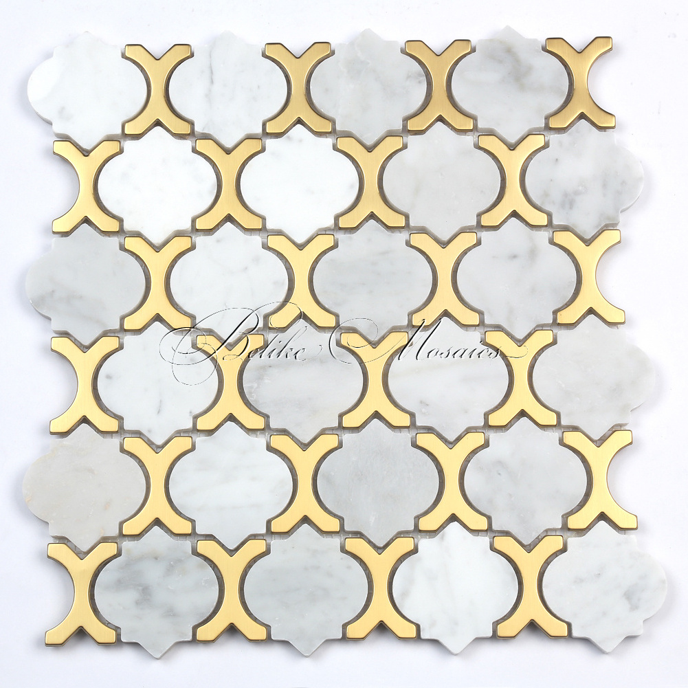 Metal Marble Mosaic Tile Wall Covering Arabesque Style Feature Accent Lavished Elegance Backdrop Background Backsplash