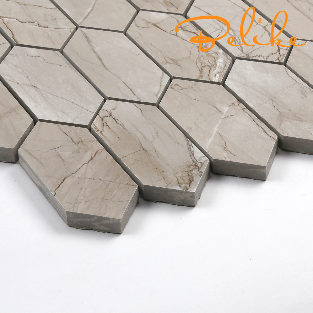 Fullbody Porcelain Mosaic Tile Elongated Hexagon Light Gray Satin Matt Grain Textures Home Decor White Wood Grain Marble Wall