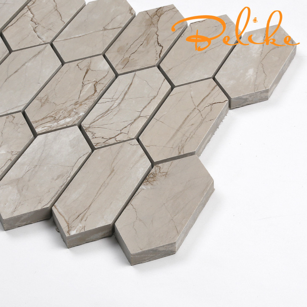 Fullbody Porcelain Mosaic Tile Elongated Hexagon Light Gray Satin Matt Grain Textures Home Decor White Wood Grain Marble Wall