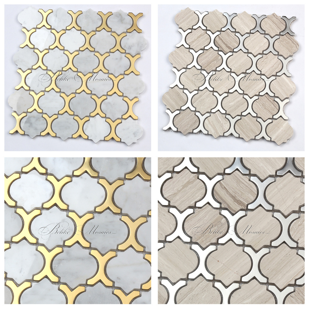 Metal Marble Mosaic Tile Wall Covering Arabesque Style Feature Accent Lavished Elegance Backdrop Background Backsplash