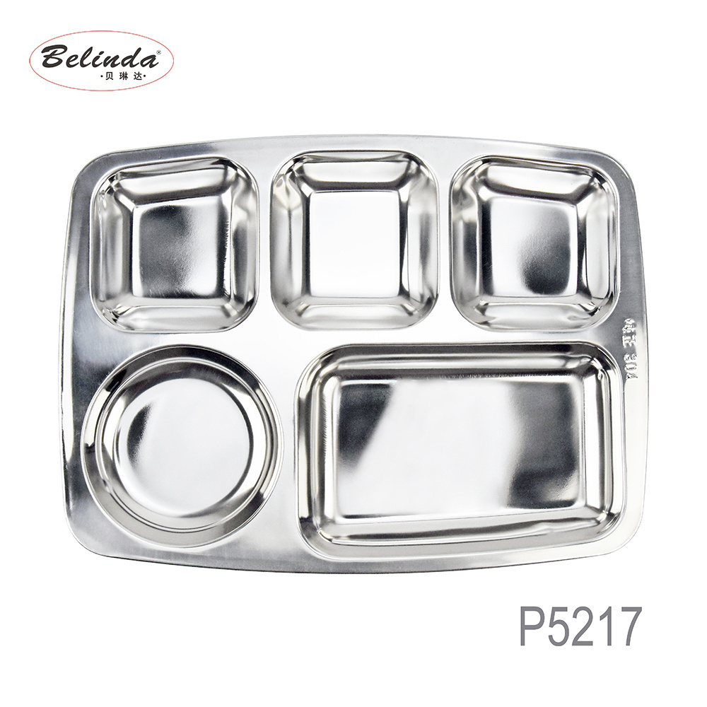 5 Compartment School Lunch Tray Dinner Plate Fast Food Serving Tray Food Grade Stainless Steel PP Bag Party Decorations CLASSIC