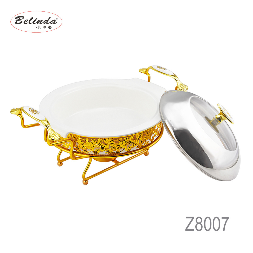 Catering Equipment Round Stainless Steel Gold Chafing Dishes Food Warmer with Ceramic Basin