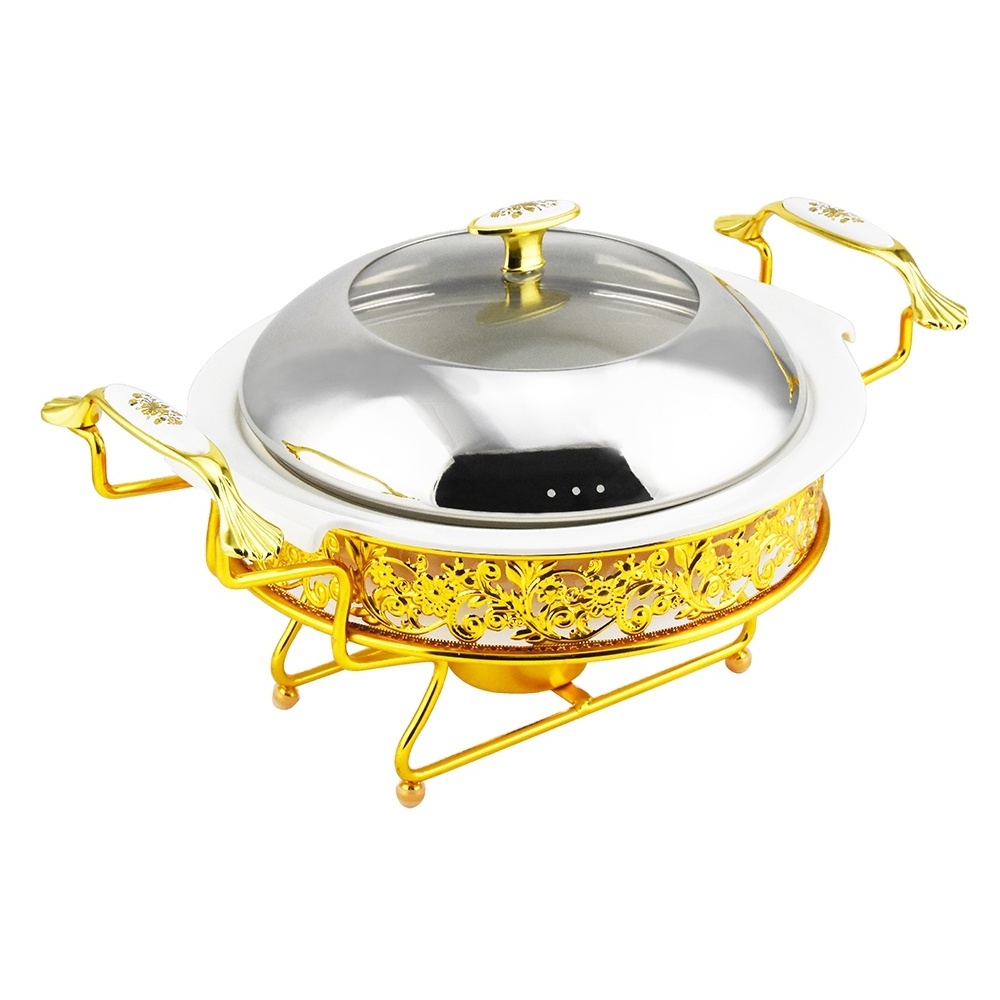 Catering Equipment Round Stainless Steel Gold Chafing Dishes Food Warmer with Ceramic Basin