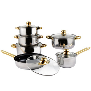 Household Kitchen 12 Pieces Stainless Steel Kitchen Pot Cookware Set Glass Lid Non Stick Pots and Pans Cookware Set