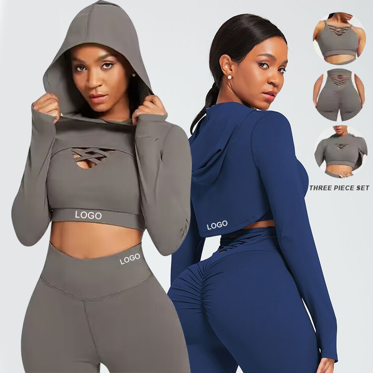 Custom Women Home Gym Fitness Set Workout Slim Fit Coat Wear Clothing Suit Sport Bra Yoga Legging Long Sleeve Hoodie Yoga Set