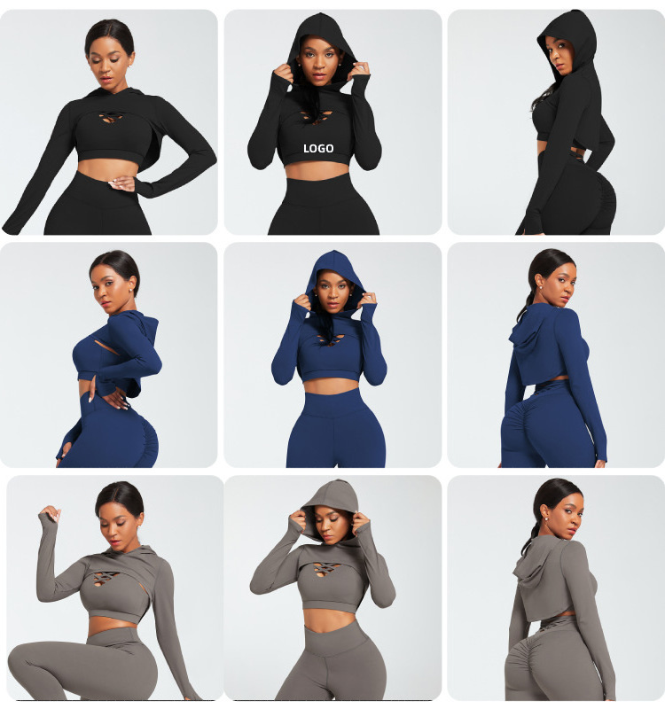 Custom Women Home Gym Fitness Set Workout Slim Fit Coat Wear Clothing Suit Sport Bra Yoga Legging Long Sleeve Hoodie Yoga Set