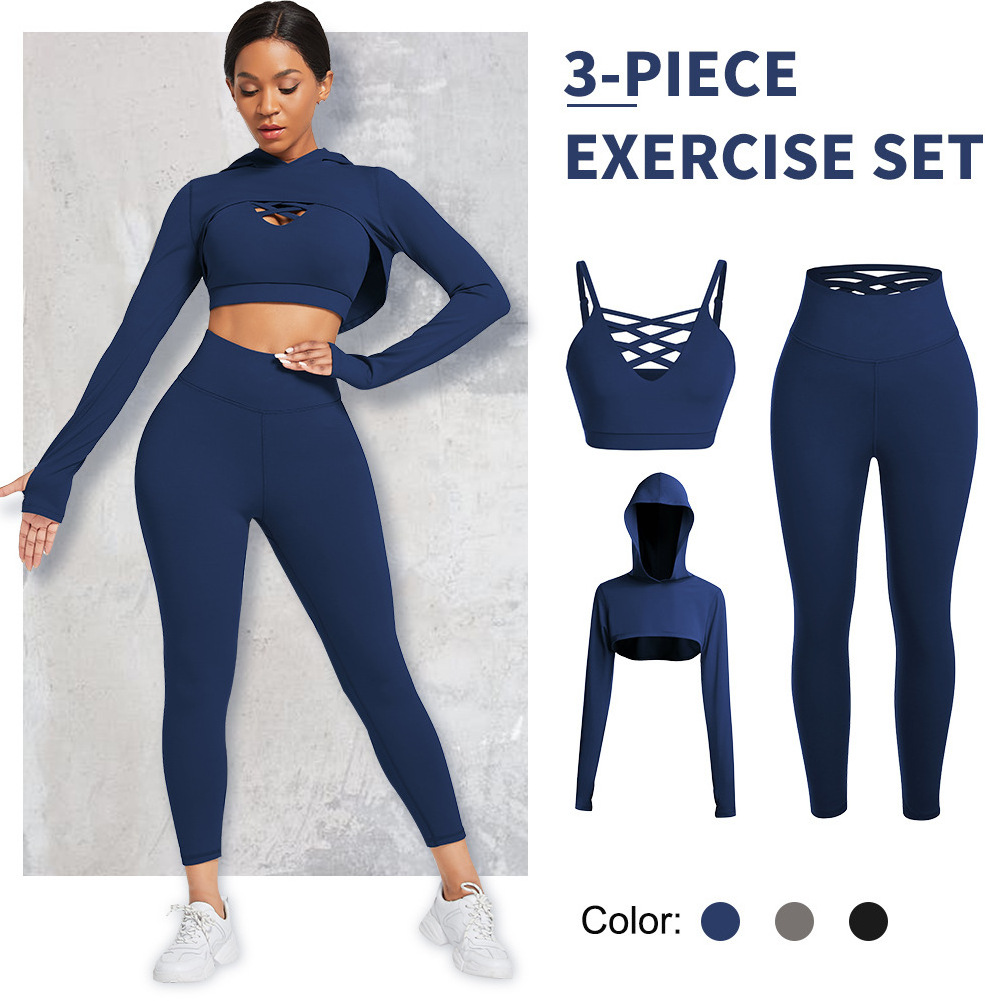 Custom Women Home Gym Fitness Set Workout Slim Fit Coat Wear Clothing Suit Sport Bra Yoga Legging Long Sleeve Hoodie Yoga Set