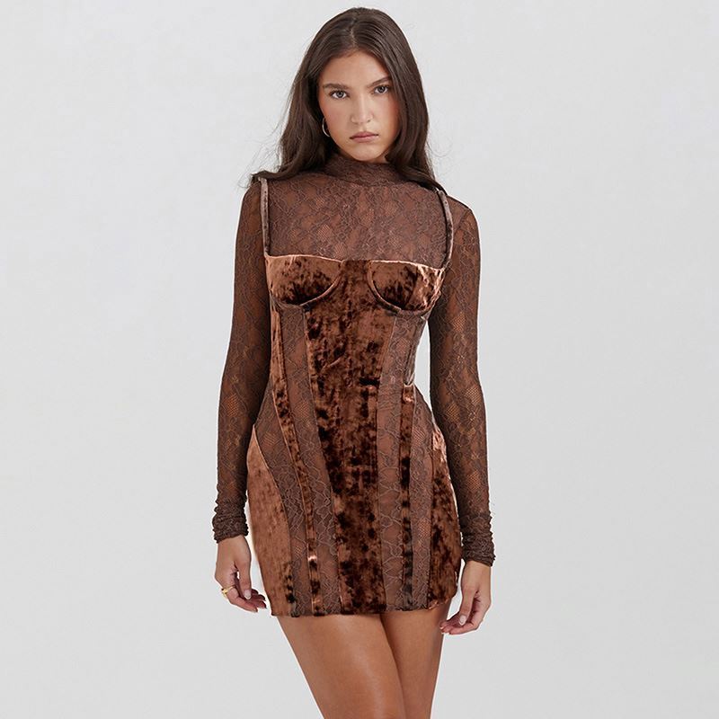 WQ6363 Autumn new style women's turtleneck dress velvet lace long sleeve hollow out contrast color mini dress for women