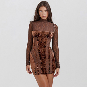 WQ6363 Autumn new style women's turtleneck dress velvet lace long sleeve hollow out contrast color mini dress for women