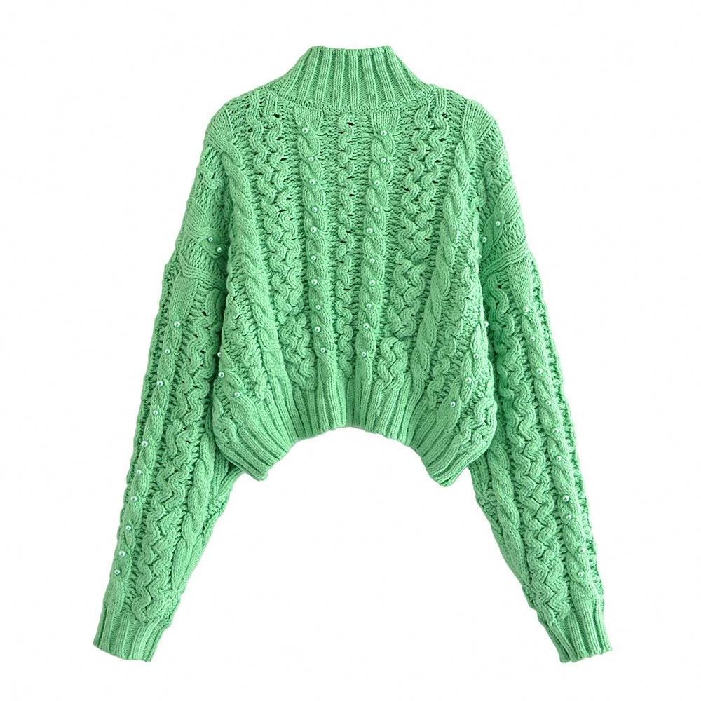 SH1649 Elegant casual Green color cute design drop shoulder long sleeve cropped pullover women stylish knitted cropped sweater