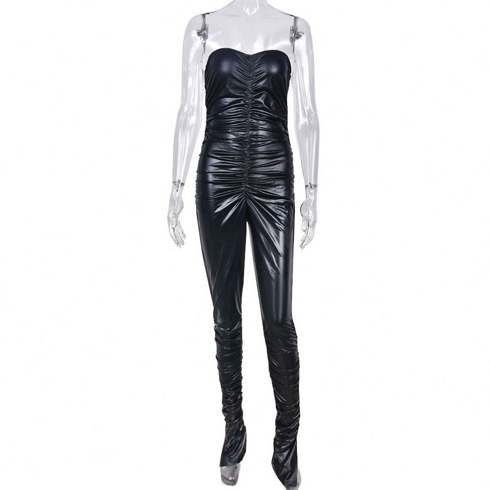 WQ3004 Tube Sleeveless Women Pu Leather Pleated Jumpsuit Black Color High Quality One Piece Jumpsuit