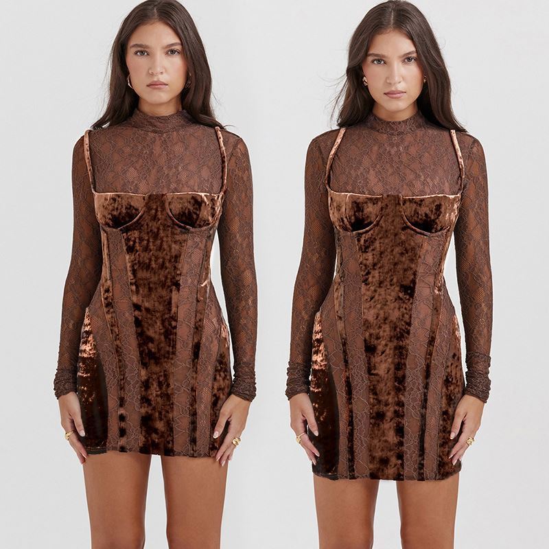 WQ6363 Autumn new style women's turtleneck dress velvet lace long sleeve hollow out contrast color mini dress for women