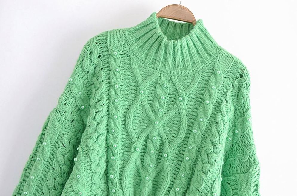 SH1649 Elegant casual Green color cute design drop shoulder long sleeve cropped pullover women stylish knitted cropped sweater