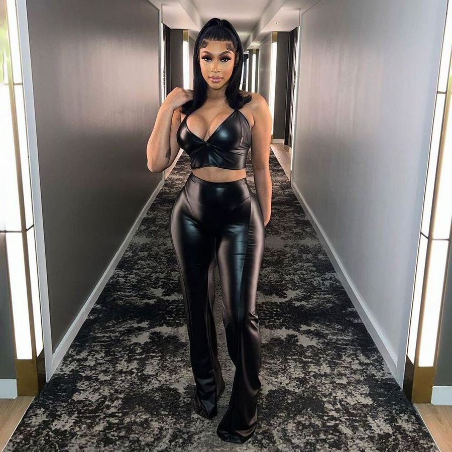 WQ3508 Fashion 2023 Slick Leather Flare Pant 2 Piece Night Club Two Piece Set Women Clothing