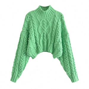 SH1649 Elegant casual Green color cute design drop shoulder long sleeve cropped pullover women stylish knitted cropped sweater