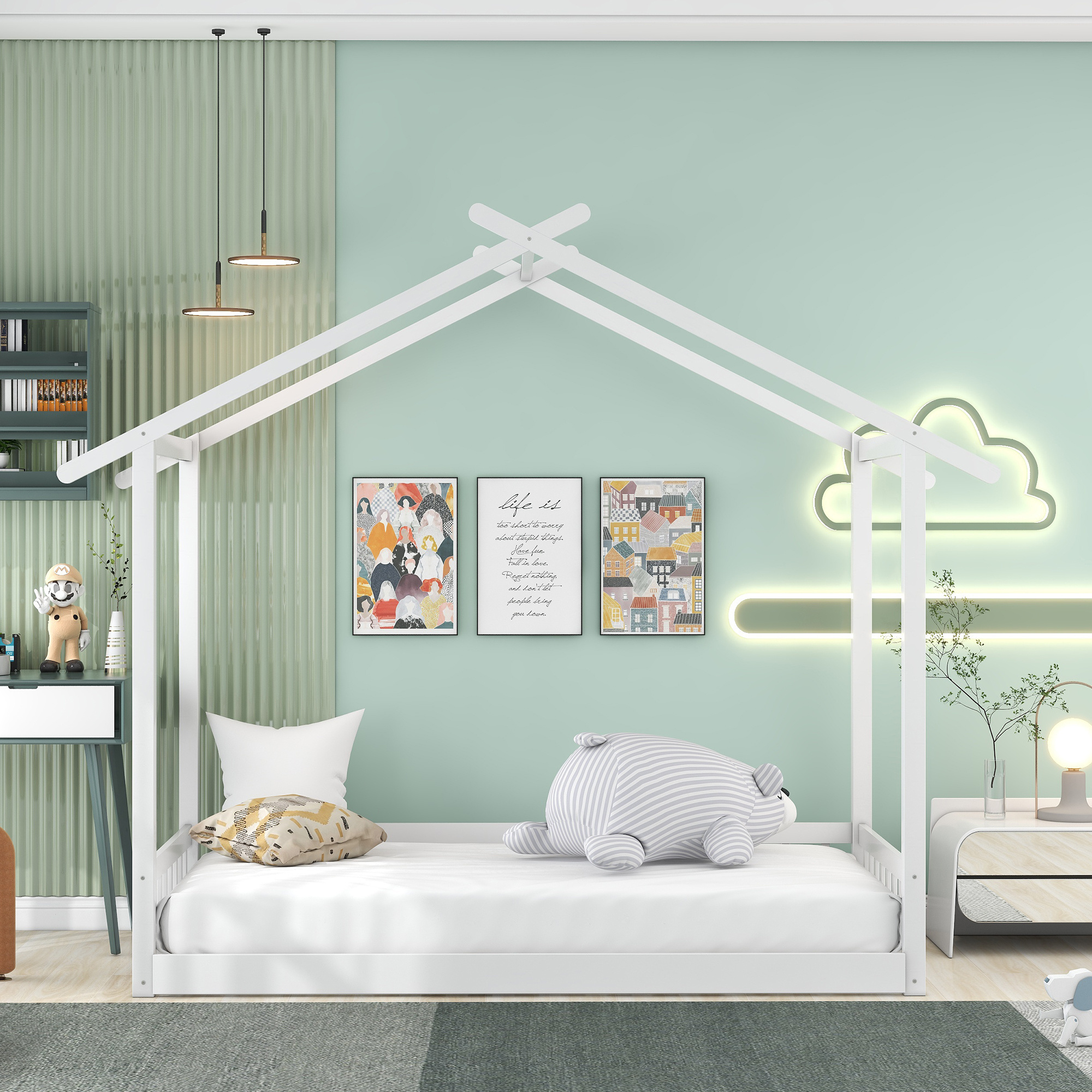 Bellemave Full Size Loft Bed Kids Bed with Desk and Tablet Wooden bed Frame White