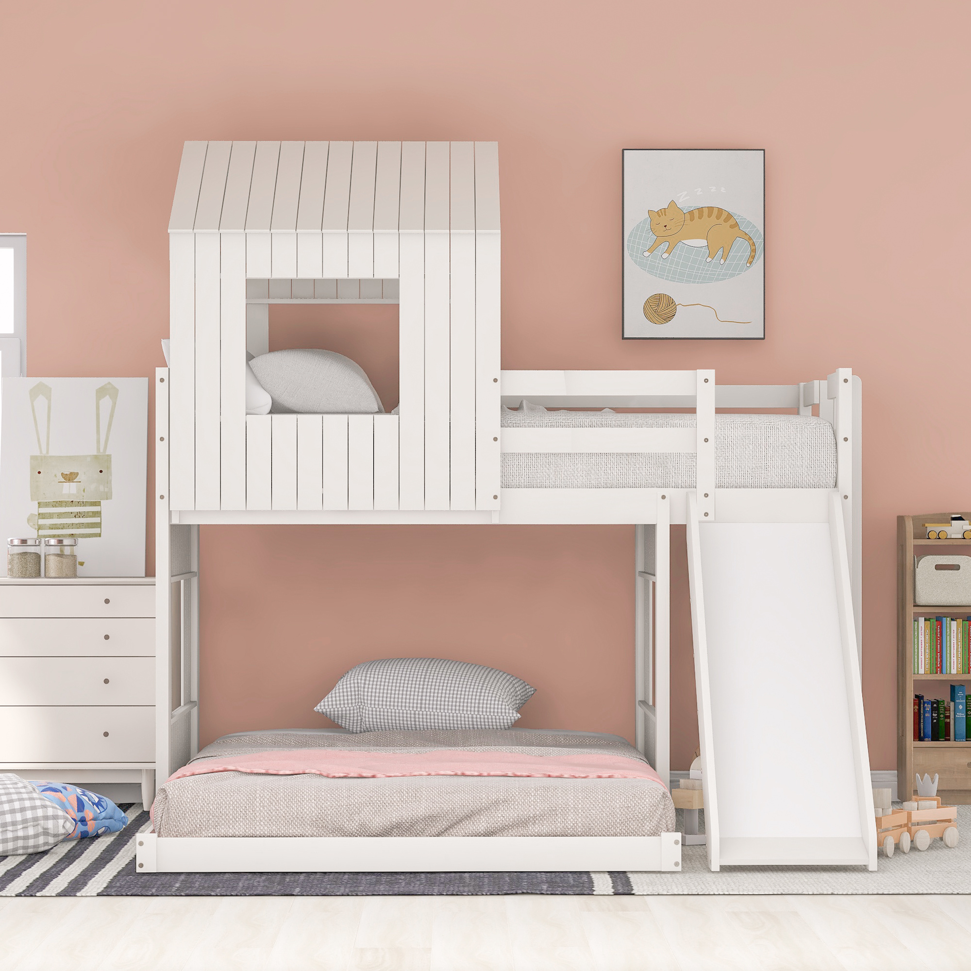 Bellemave bedroom wooden bunk bed kids bed frame with slide stair railing