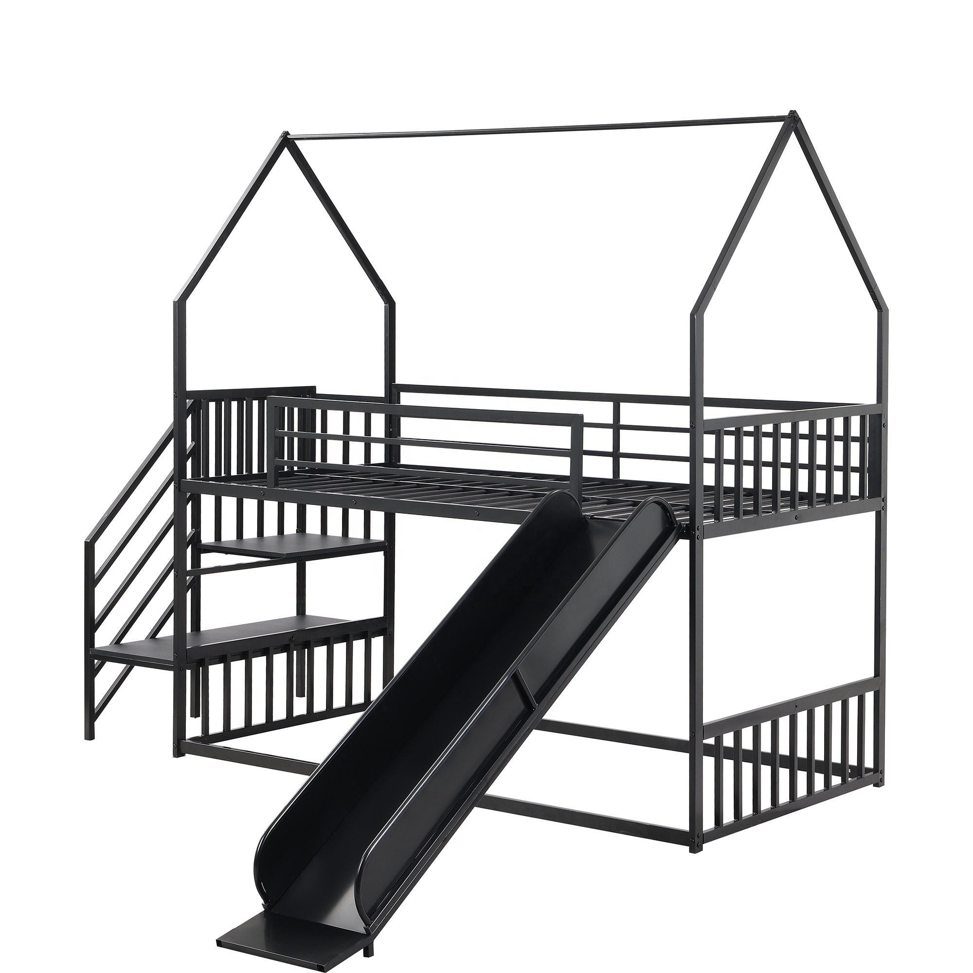 Bellemave Modern home furniture house-shaped with guardrail stairs thickened floor-to-ceiling metal kids bunk bed with slide