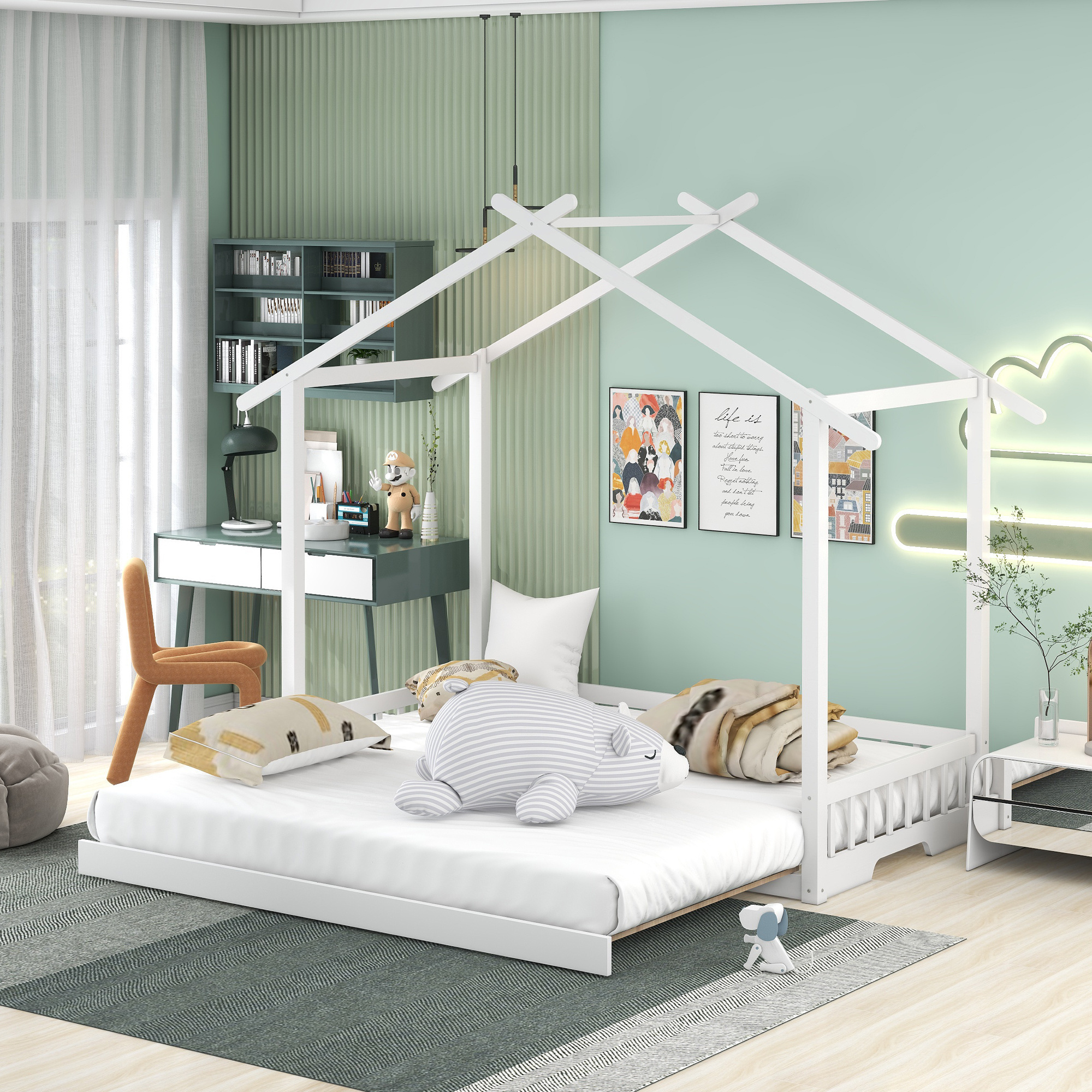 Bellemave Full Size Loft Bed Kids Bed with Desk and Tablet Wooden bed Frame White