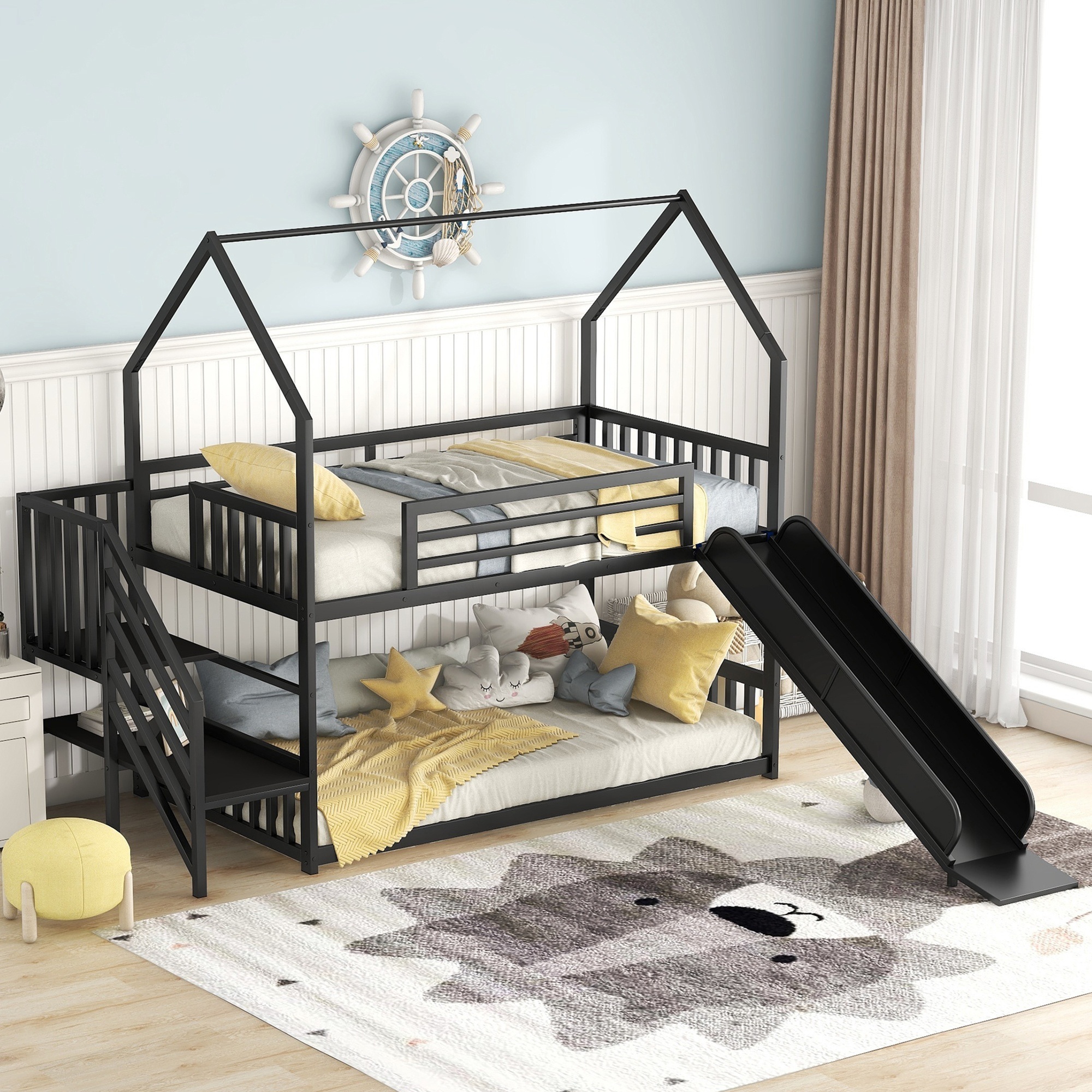 Bellemave Modern home furniture house-shaped with guardrail stairs thickened floor-to-ceiling metal kids bunk bed with slide