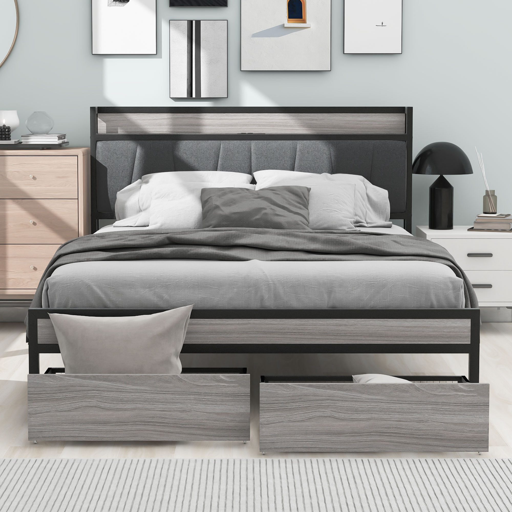 Bellemave Modern Home Furniture Minimalist Style Full  with USB Ports and 2 Mobile Storage Drawers Metal Double Platform Bed