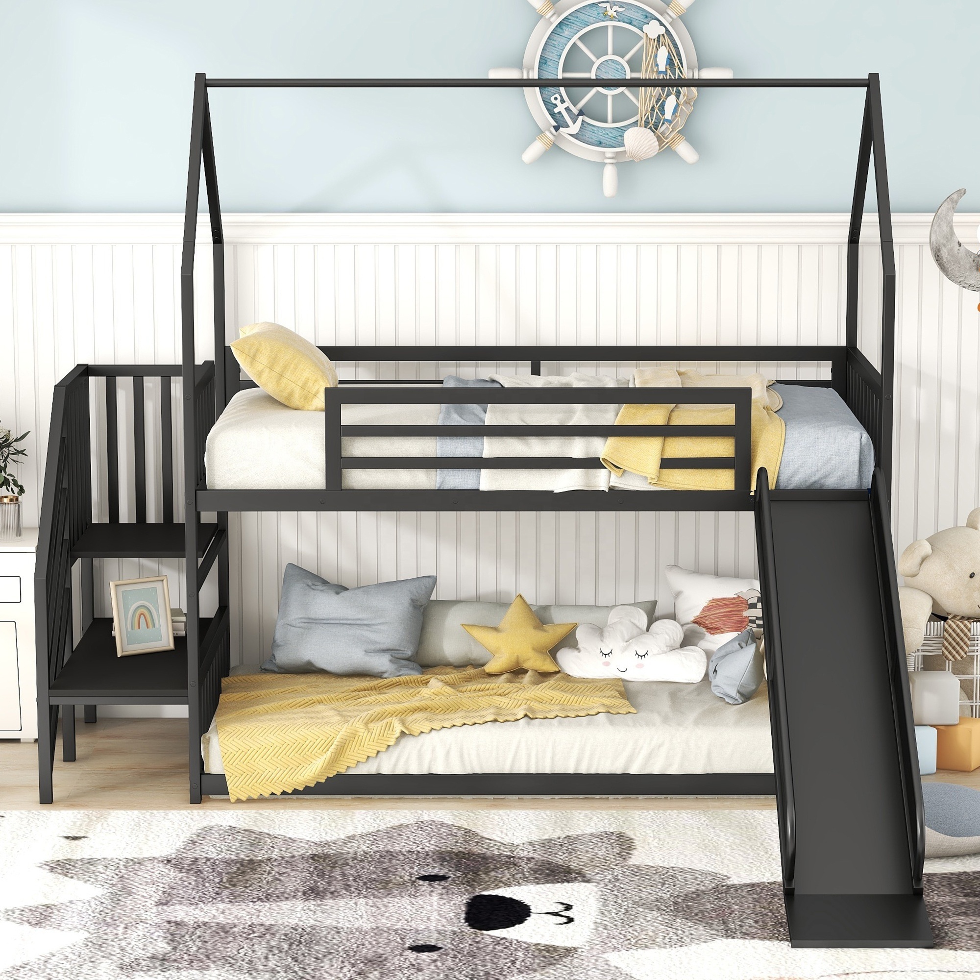 Bellemave Modern home furniture house-shaped with guardrail stairs thickened floor-to-ceiling metal kids bunk bed with slide