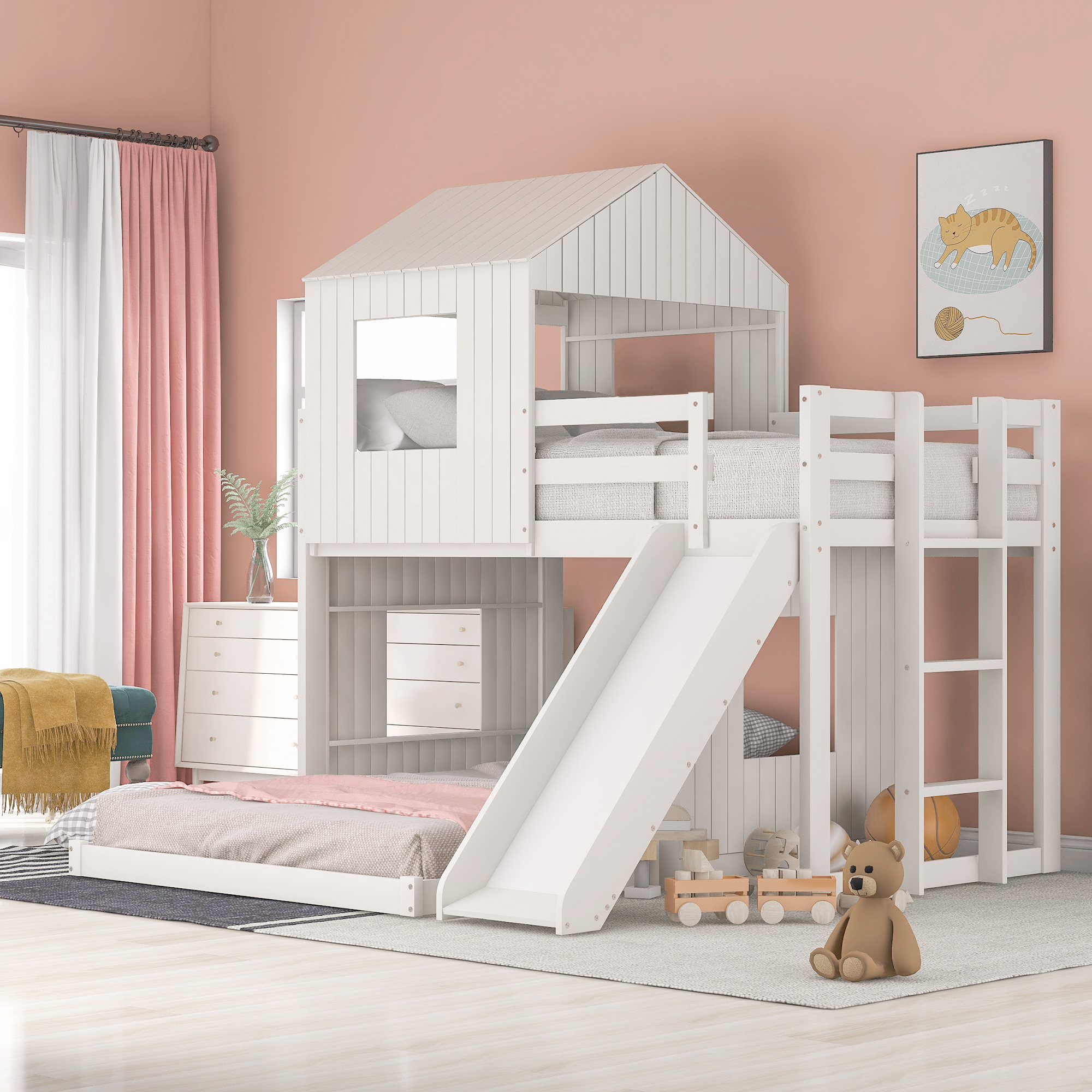 Bellemave bedroom wooden bunk bed kids bed frame with slide stair railing