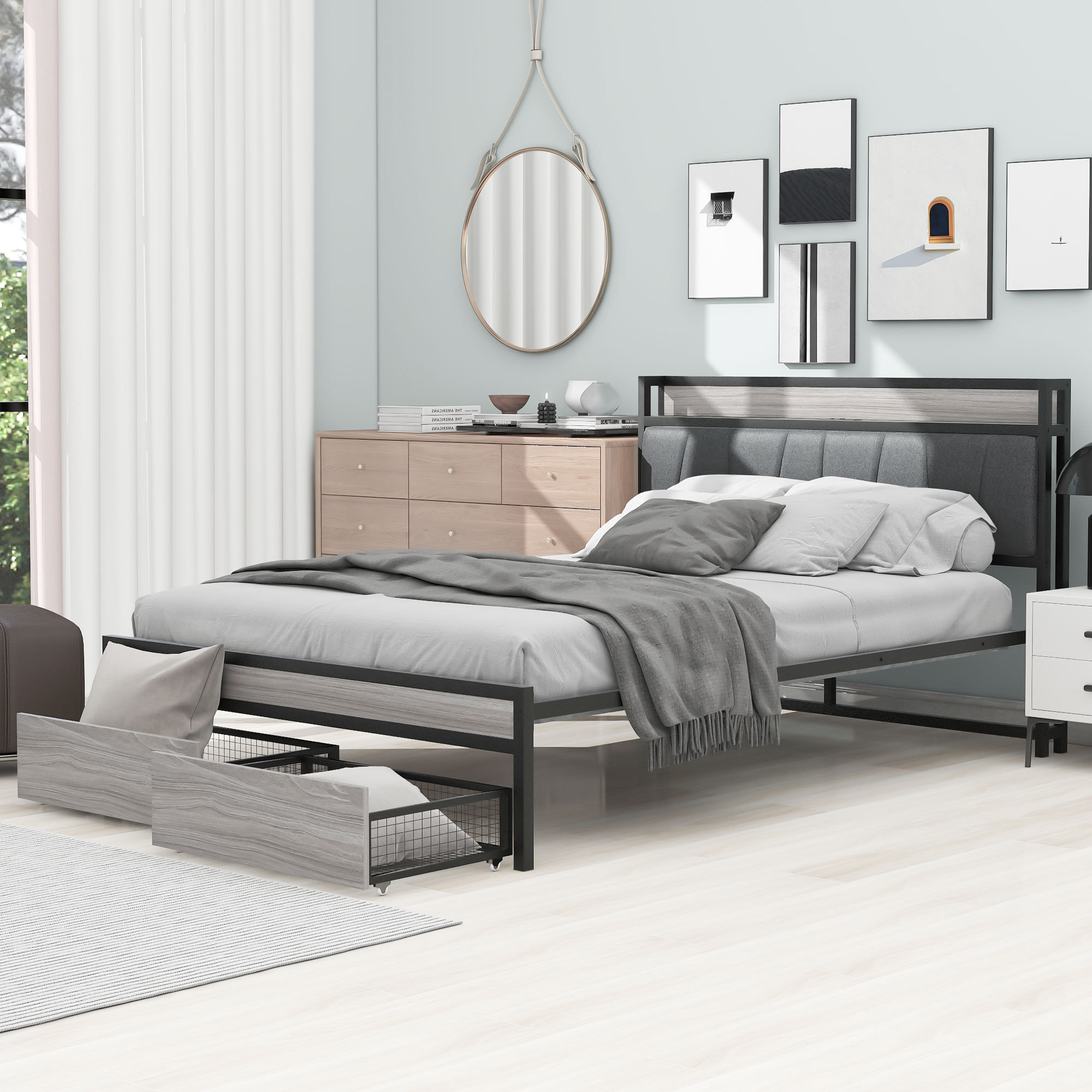 Bellemave Modern Home Furniture Minimalist Style Full  with USB Ports and 2 Mobile Storage Drawers Metal Double Platform Bed