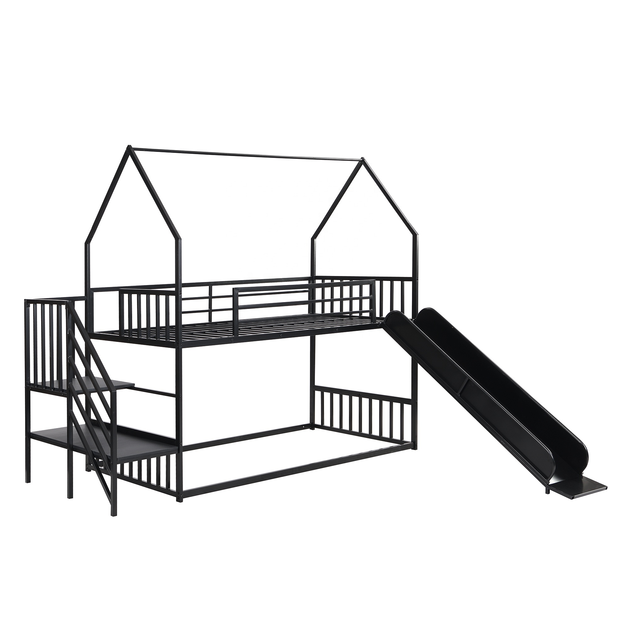 Bellemave Modern home furniture house-shaped with guardrail stairs thickened floor-to-ceiling metal kids bunk bed with slide