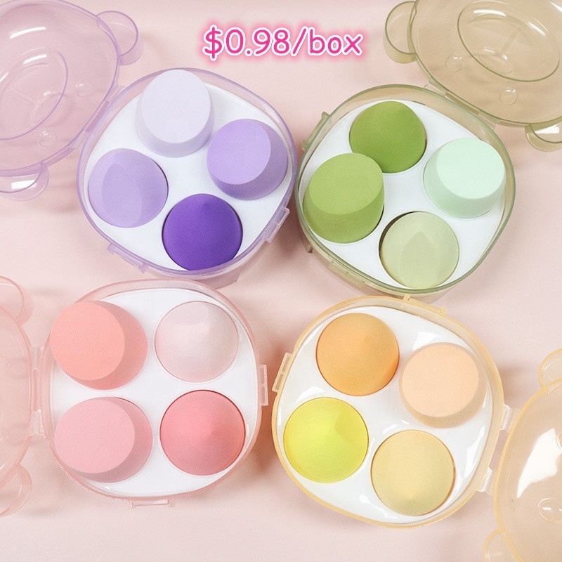 Makeup Sponge For Foundation Blender 4 Pcs in One Box Makeup Sponge Blender Puff Set with Cute Bear Box