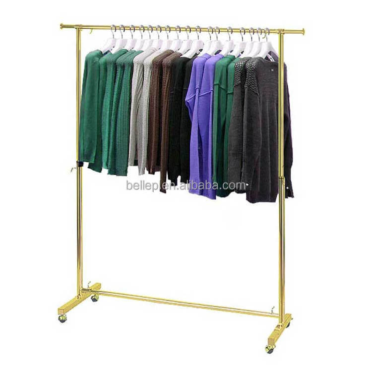 Height Adjustable Gold Stainless Steel Clothing Display Rack For Boutique With 4 Wheel