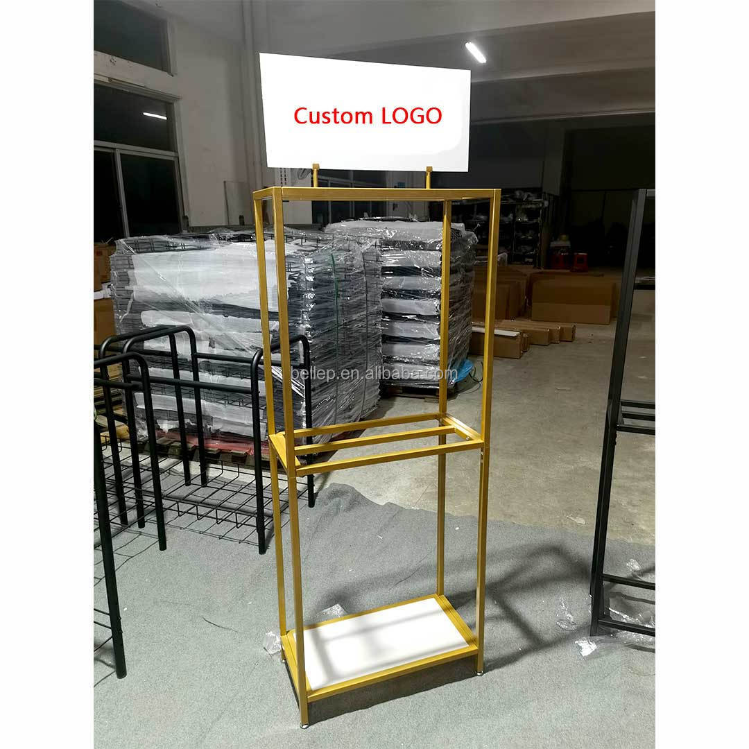 Custom LOGO Salon Gold Metal Human Hair Rack Wig Shop Display Shelf Floor Standing Hair Extension Display Stand