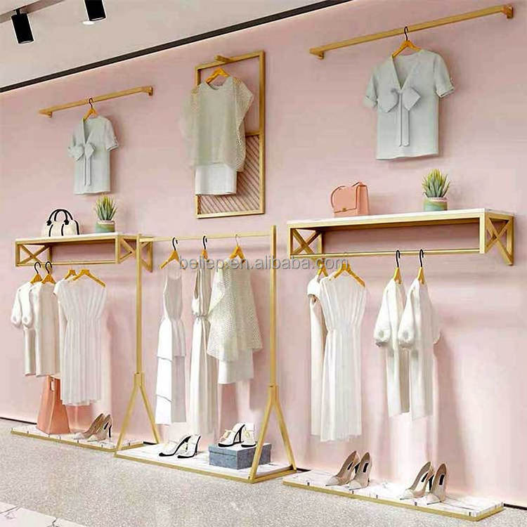 Boutique Stainless Steel Clothes Stand Wall Gold Clothing Display Rack For Clothing Store