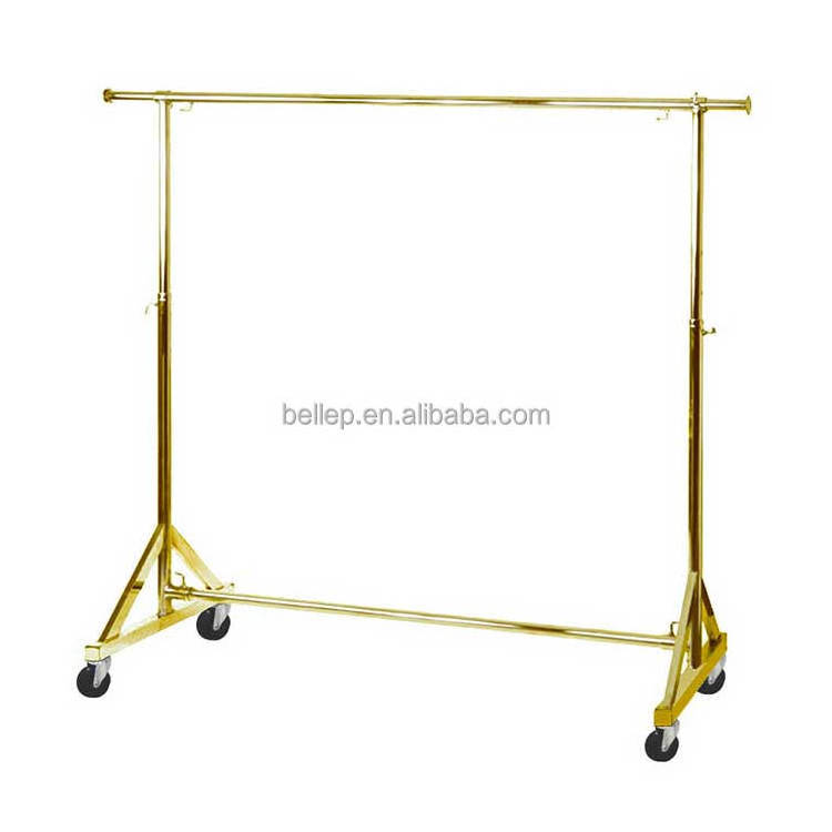 Height Adjustable Gold Stainless Steel Clothing Display Rack For Boutique With 4 Wheel