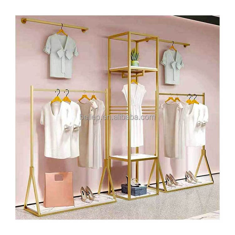 Boutique Stainless Steel Clothes Stand Wall Gold Clothing Display Rack For Clothing Store