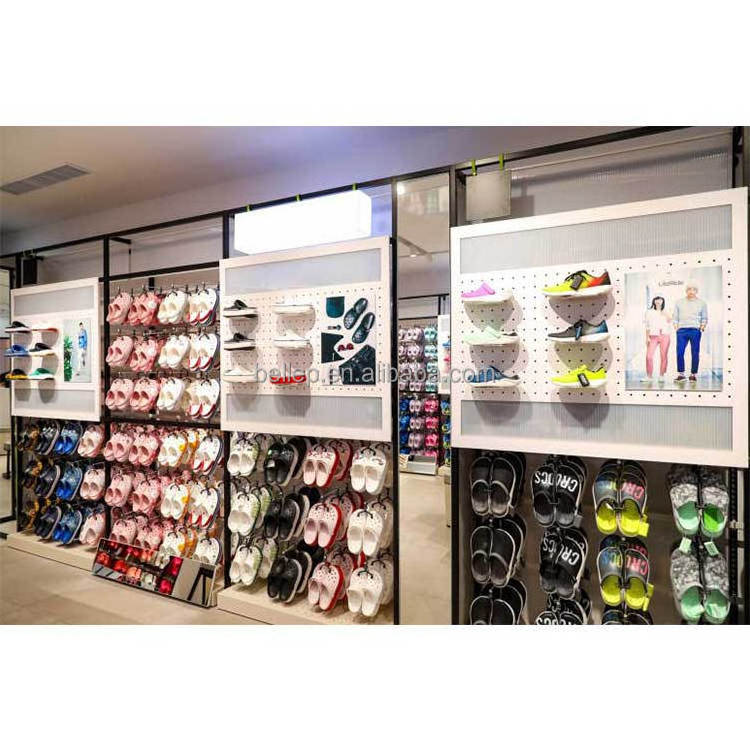 Custom Retail Sandal Shoe Store Furniture Design Wooden Footwear Wall Cabinet Leather Shoes Shop Display