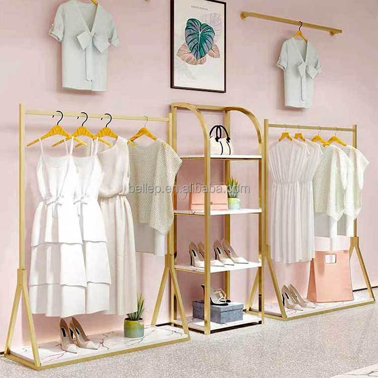 Boutique Stainless Steel Clothes Stand Wall Gold Clothing Display Rack For Clothing Store