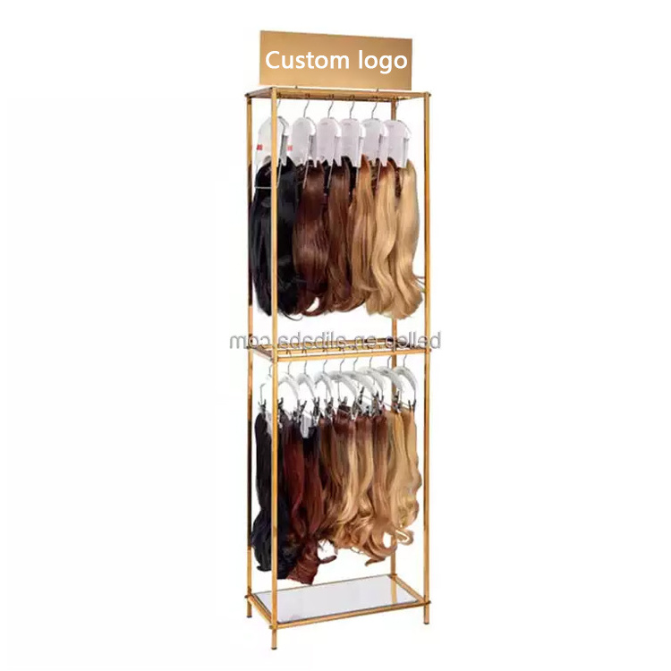 MOQ 1 piece Custom Logo Luxury Salon Floor Standing Gold Metal Hair Extensions Holder Rack Display Stand