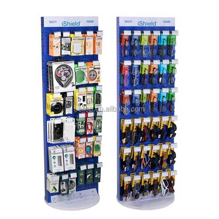 Double Sided peg board Metal Display Rack For Mobile Phone Cover Floor Standing Cell Phone Charger Display