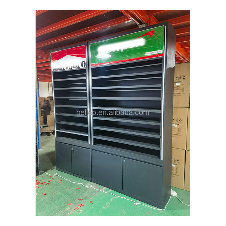 USA America gas station Smoke Shop Cigarettes Cabinet Cigarette Rack Display With Led Light And Lock Design