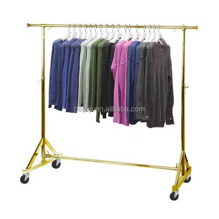 Height Adjustable Gold Stainless Steel Clothing Display Rack For Boutique With 4 Wheel