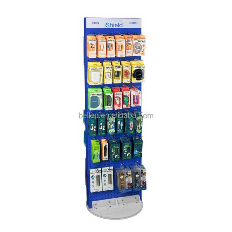 Double Sided peg board Metal Display Rack For Mobile Phone Cover Floor Standing Cell Phone Charger Display