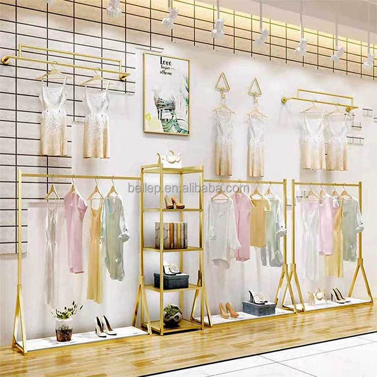 Boutique Stainless Steel Clothes Stand Wall Gold Clothing Display Rack For Clothing Store