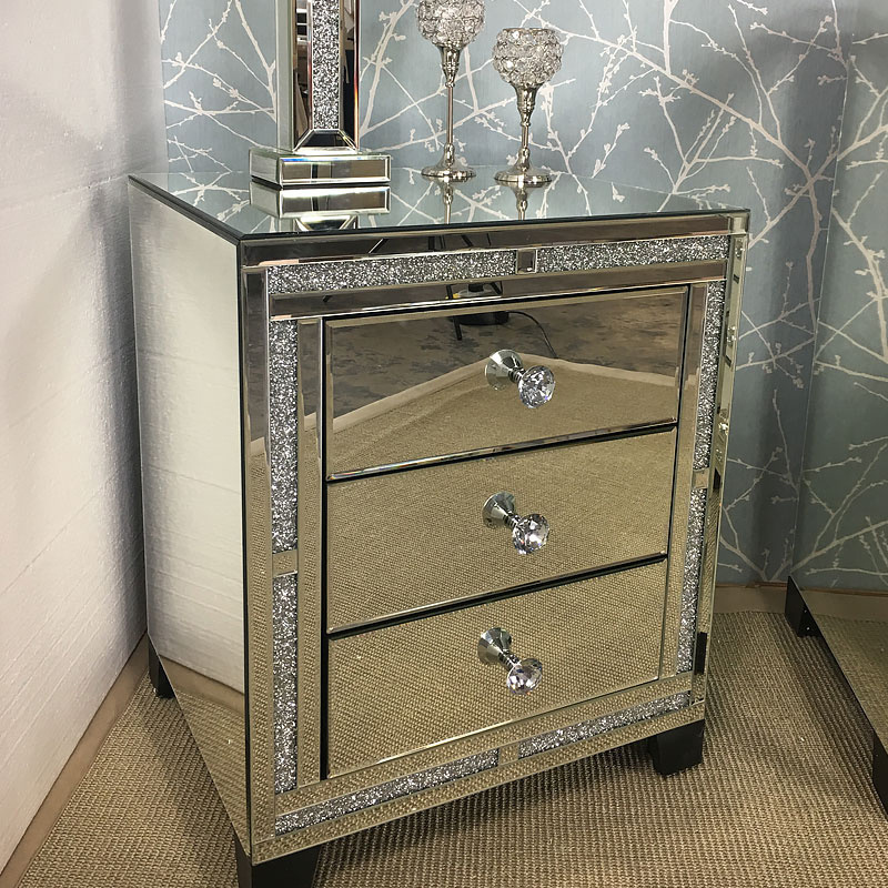 Crushed Diamond Glitz 3 Drawer table de chevet miroir Silver Nightstand Mirrored Glass Bedside Table Cabinet with Drawer