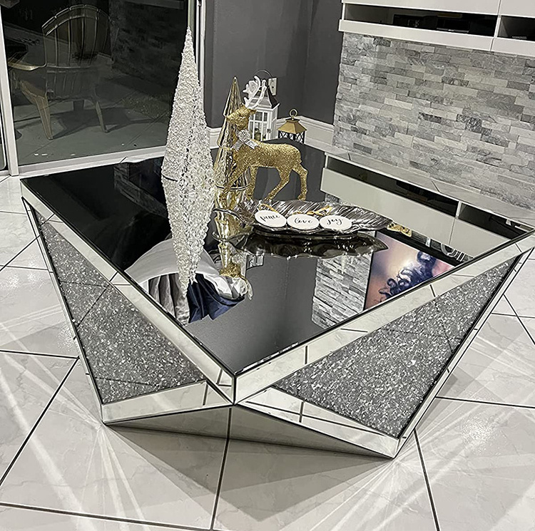 Wholesale Luxury Tea Table Room Furniture Mirrored Side Table Silver Crystal Crushed Diamond Round Modern Mirrored Coffee Tables