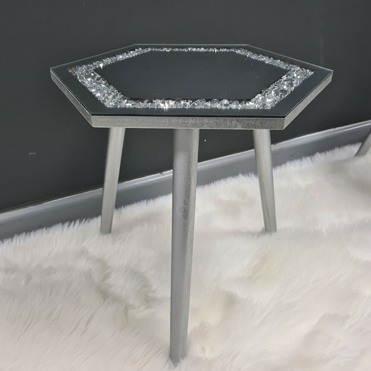 Wholesale Luxury Tea Table Room Furniture Mirrored Side Table Silver Crystal Crushed Diamond Round Modern Mirrored Coffee Tables