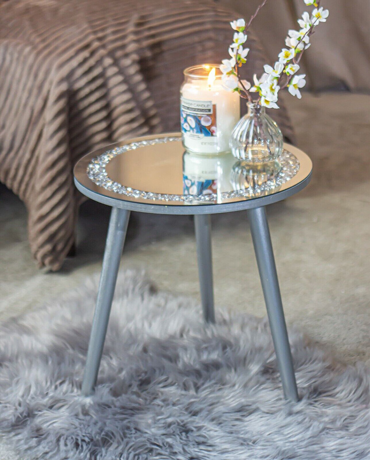 Wholesale Luxury Tea Table Room Furniture Mirrored Side Table Silver Crystal Crushed Diamond Round Modern Mirrored Coffee Tables