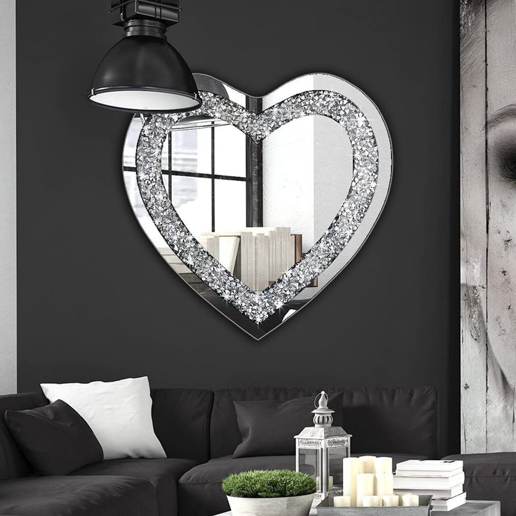 Hot Mirror Wall Decorations Espejo Corazon Silver Crystal Diamond Heart Shaped Mirror for Home