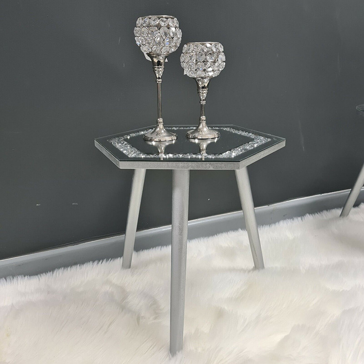 Wholesale Luxury Tea Table Room Furniture Mirrored Side Table Silver Crystal Crushed Diamond Round Modern Mirrored Coffee Tables